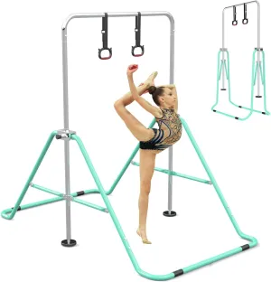 Gymnastics Bar for Kids with Gymnastics Rings, Height Adjustable Gymnastics Horizontal Bar, Foldable Bar Gymnastics Equipment for Home Room Indoor Outdoor Gym Practics, Gymnastic Bar