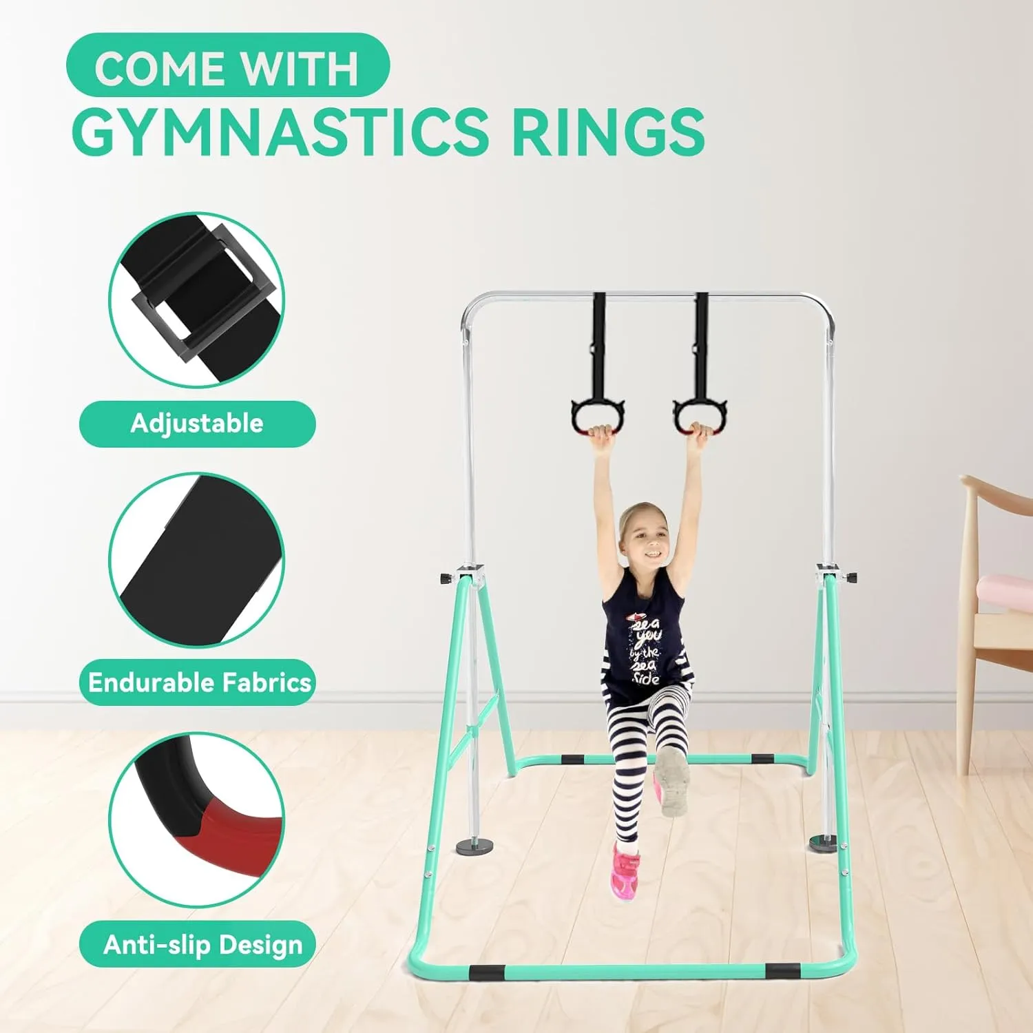 Gymnastics Bar for Kids with Gymnastics Rings, Height Adjustable Gymnastics Horizontal Bar, Foldable Bar Gymnastics Equipment for Home Room Indoor Outdoor Gym Practics, Gymnastic Bar