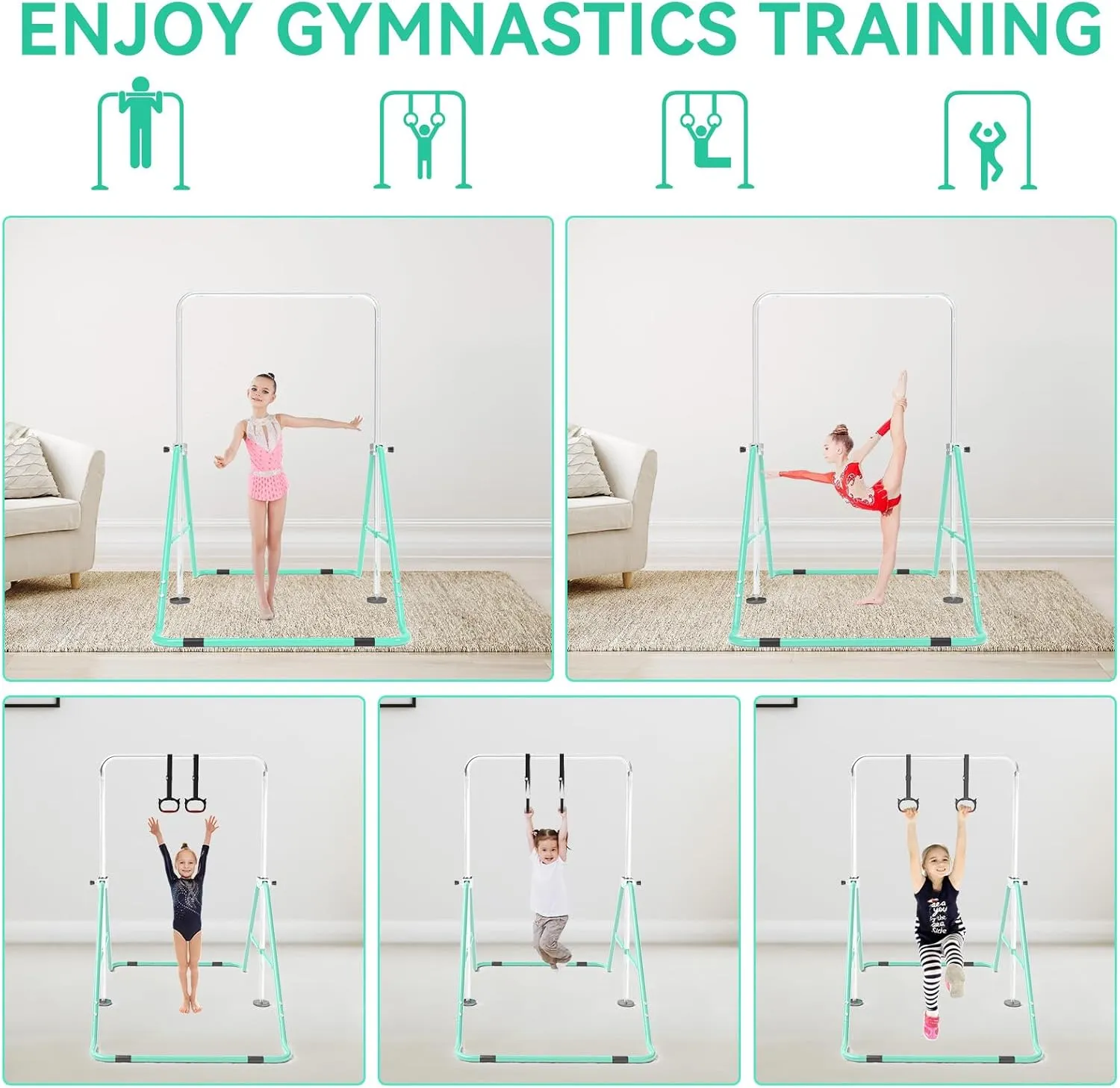Gymnastics Bar for Kids with Gymnastics Rings, Height Adjustable Gymnastics Horizontal Bar, Foldable Bar Gymnastics Equipment for Home Room Indoor Outdoor Gym Practics, Gymnastic Bar