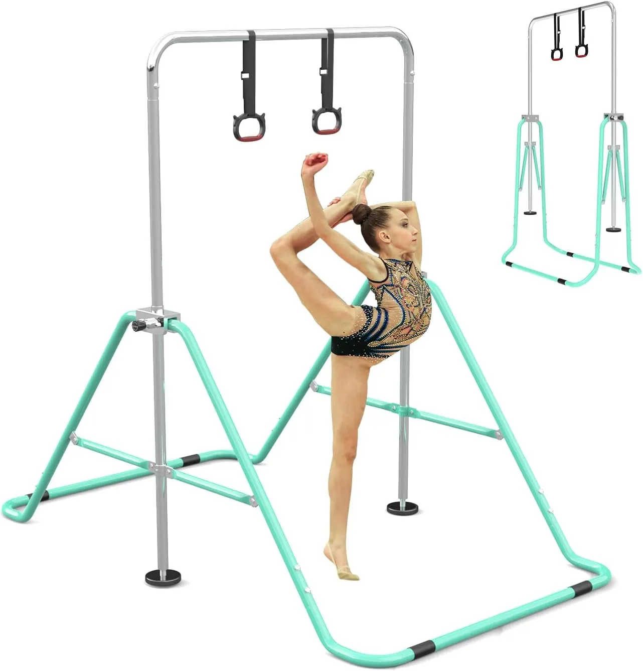 Gymnastics Bar for Kids with Gymnastics Rings, Height Adjustable Gymnastics Horizontal Bar, Foldable Bar Gymnastics Equipment for Home Room Indoor Outdoor Gym Practics, Gymnastic Bar