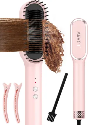 Hair Straightener Brush, ABVOT Airflow Ring Hair Straightener Comb Straightening Smoothing Comb with Hot Cooling Air Vents, Fast Heat Up, Auto Shut Off & Anti Scald Shell for Travel, Pink