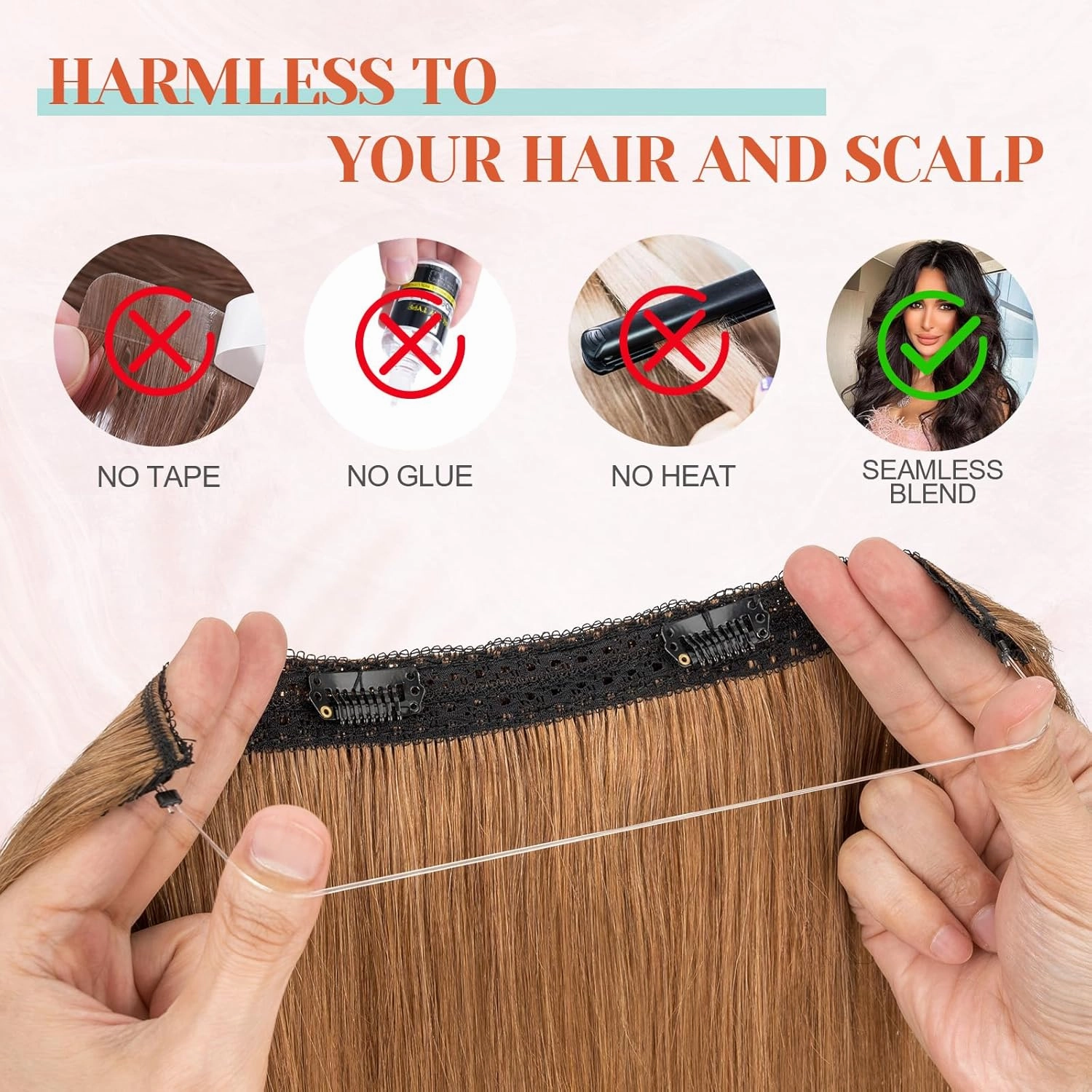 Halo Hair Extensions Real Human Hair, Benehair Brown Halo Hair Extensions Remy Human Hair, 16 Inch Invisible Wire Hair Extensions for Adding Volume Hair Halo Extensions For Women #06 Light Brown