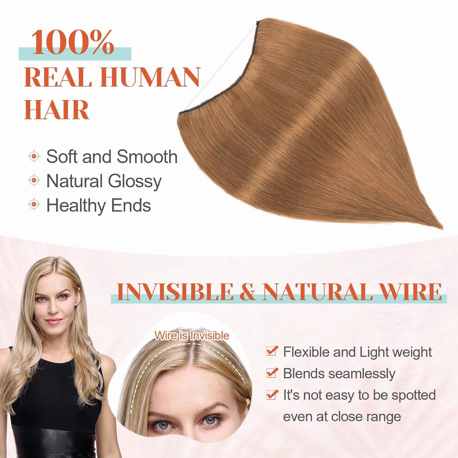 Halo Hair Extensions Real Human Hair, Benehair Brown Halo Hair Extensions Remy Human Hair, 16 Inch Invisible Wire Hair Extensions for Adding Volume Hair Halo Extensions For Women #06 Light Brown