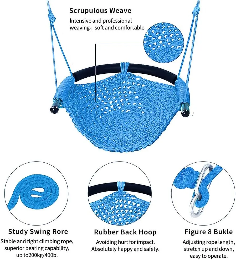Hand-Knitting Toddler Swing, Swing for Kids with Adjustable Ropes, Heavy Duty Rope Play Secure Children Swing Set, for Indoor, Outdoor, Playground, Tree, 440 lbs Capacity (Blue)