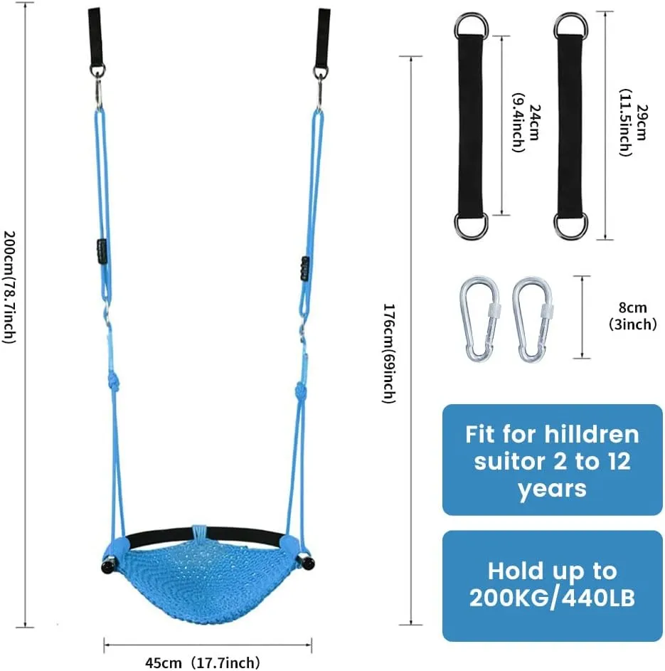 Hand-Knitting Toddler Swing, Swing for Kids with Adjustable Ropes, Heavy Duty Rope Play Secure Children Swing Set, for Indoor, Outdoor, Playground, Tree, 440 lbs Capacity (Blue)