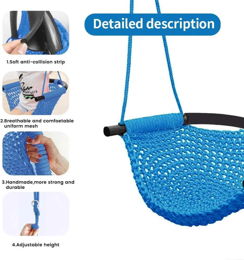 Hand-Knitting Toddler Swing, Swing for Kids with Adjustable Ropes, Heavy Duty Rope Play Secure Children Swing Set, for Indoor, Outdoor, Playground, Tree, 440 lbs Capacity (Blue)