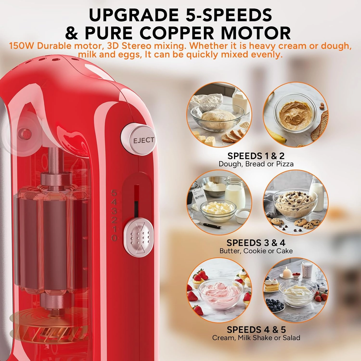 Hand Mixer Electric, 5-Speed Small Handheld Mixer, 2* (Dough Hooks & Beaters) Food Blender, Kitchen Blender for Baking, Cream, Cookies, 304 Dishwasher Safe