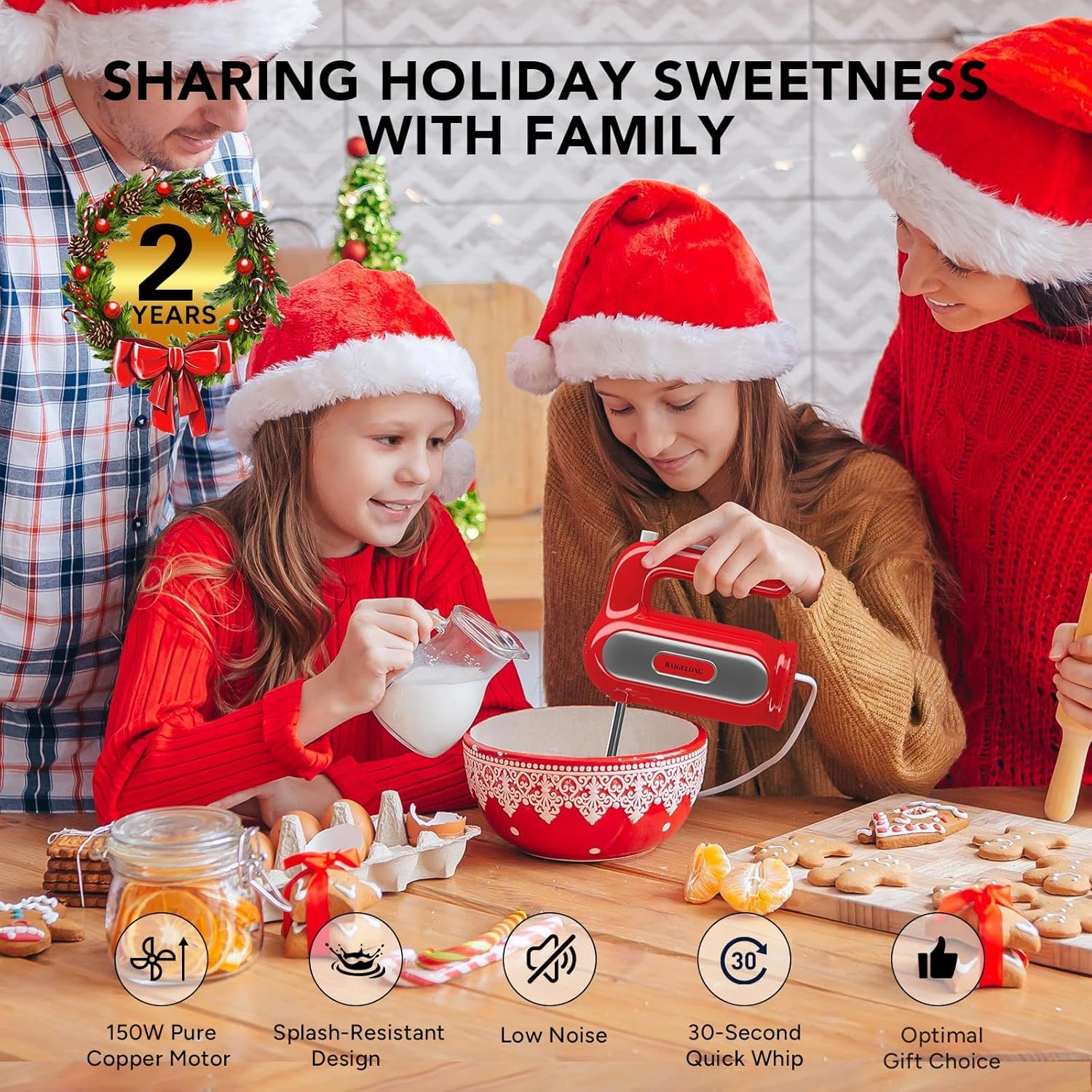 Hand Mixer Electric, 5-Speed Small Handheld Mixer, 2* (Dough Hooks & Beaters) Food Blender, Kitchen Blender for Baking, Cream, Cookies, 304 Dishwasher Safe