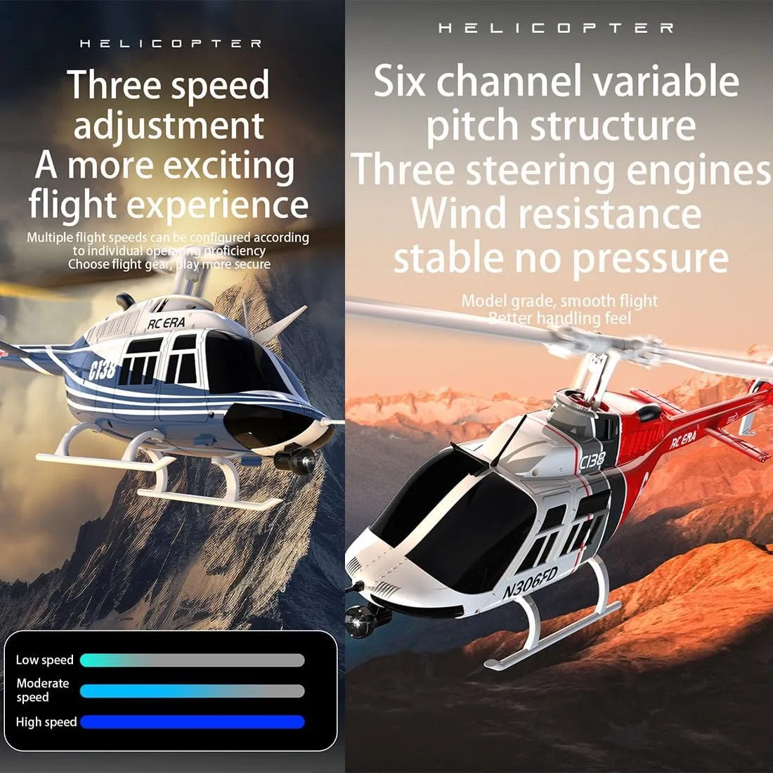 HERR RC No Aileron Helicopter C138 1/33 Scale 206 2.4G 6CH with Optical Flow Positioning Toys (Blue (Regular Version))