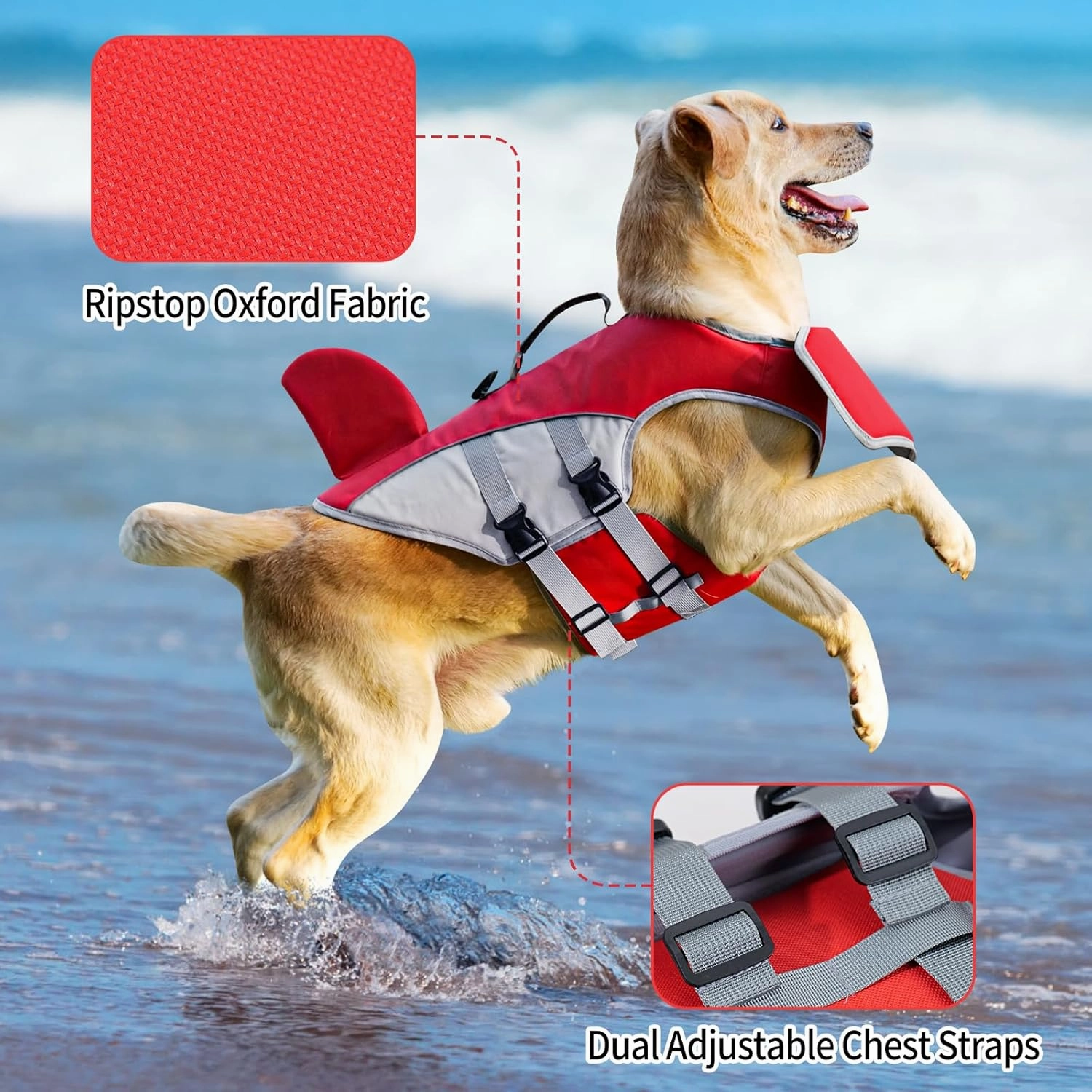 HEYWEAN Dog Life Jacket for Swimming Boating High Buoyancy Adjustable Dog Life Vest with Reflective Strips Rescue Handle Secure Fit Floating Swim Vest for Small Medium Large Dogs (Red, X-Large)