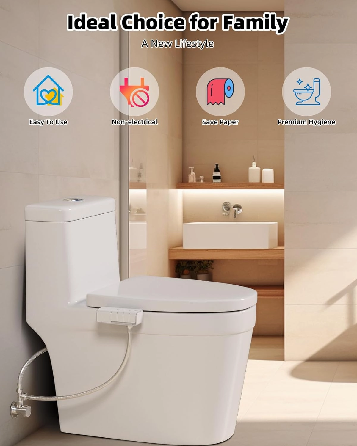 Hibbent Bidet Attachment for Toilet, Non-Electric Dual Nozzle for Frontal & Rear Wash, Adjustable Water Pressure Control, Fresh Water Bidet Toilet Seat, Self Cleaning Water Sprayer, White