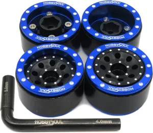 HOBBYSOUL Adjustable Offset 1.0 Beadlock Wheels Blue Black, Heavy 1.0 RC Crawler Rims Weight 21g/Rim 7mm Hex Rims for Axial SCX24 Crawler & Other 1/24 RC Crawler Car Truck, (4-Pack)