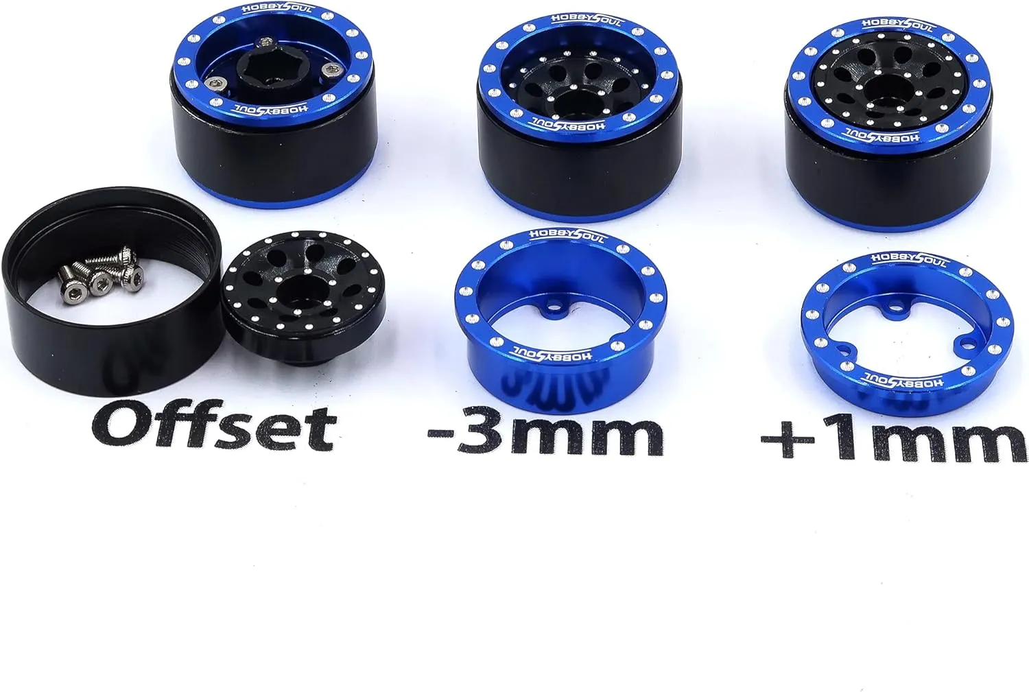 HOBBYSOUL Adjustable Offset 1.0 Beadlock Wheels Blue Black, Heavy 1.0 RC Crawler Rims Weight 21g/Rim 7mm Hex Rims for Axial SCX24 Crawler & Other 1/24 RC Crawler Car Truck, (4-Pack)