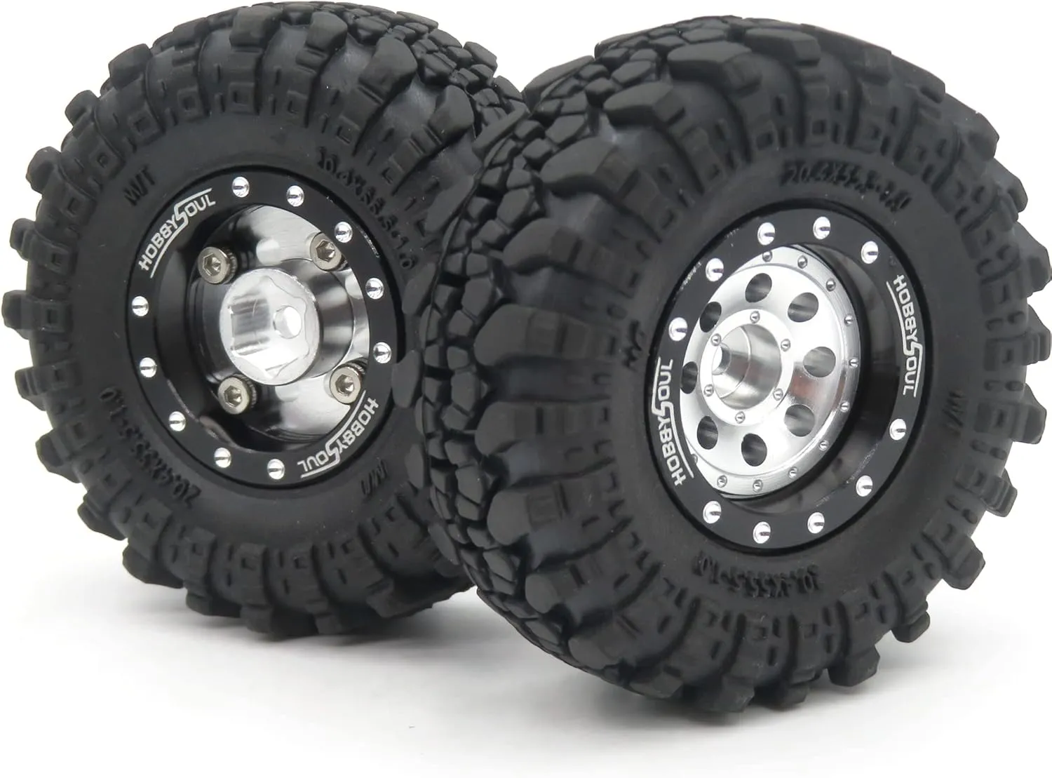 HOBBYSOUL RC 1.0 Beadlock Wheels and Tires, 1/24 Tires & Heavy Adjustable Offset 1.0 Wheels Black Silver for 1/24 RC Crawler Car Truck Axial SCX24 Upgrade, (4-Pack, Assembled)