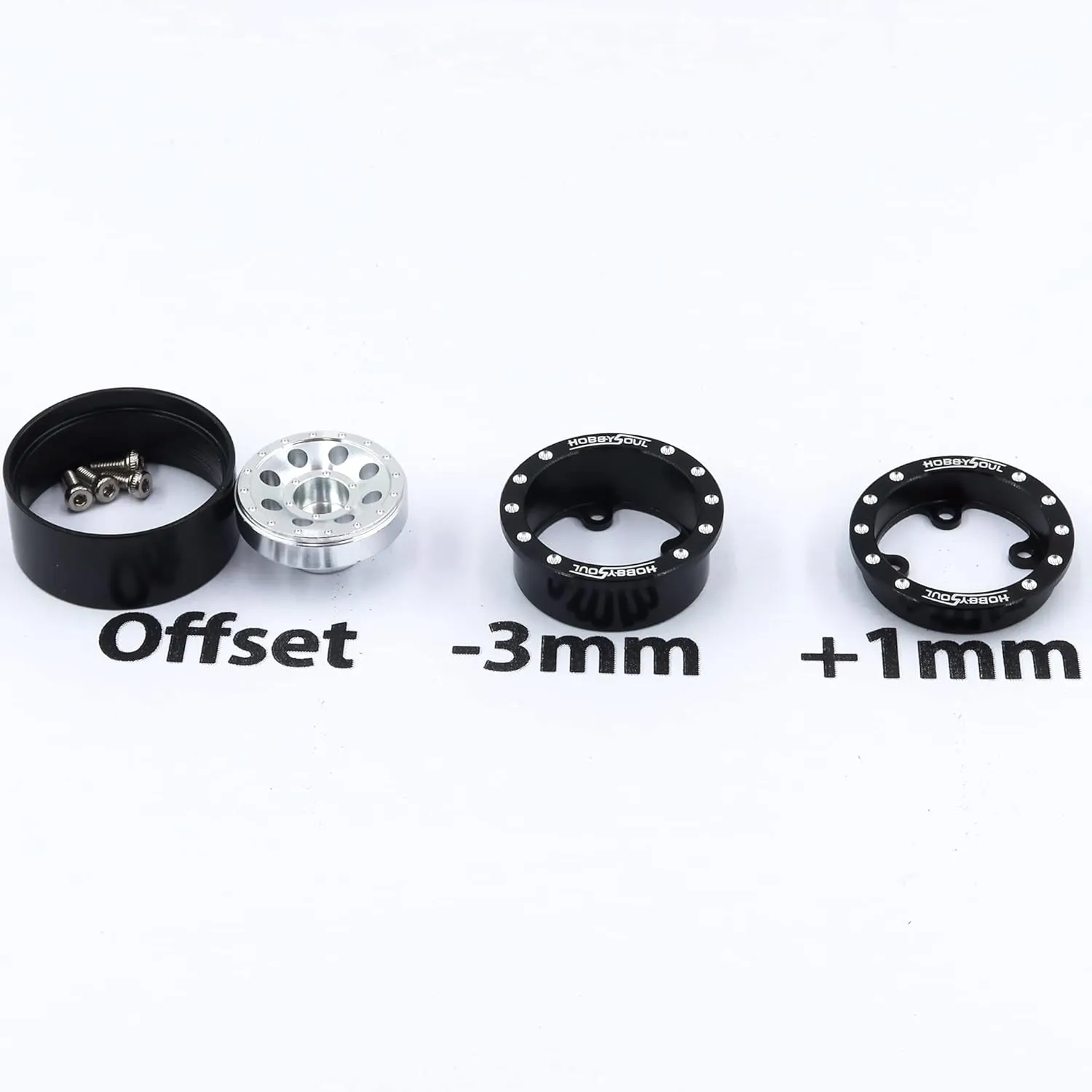 HOBBYSOUL RC 1.0 Beadlock Wheels and Tires, 1/24 Tires & Heavy Adjustable Offset 1.0 Wheels Black Silver for 1/24 RC Crawler Car Truck Axial SCX24 Upgrade, (4-Pack, Assembled)