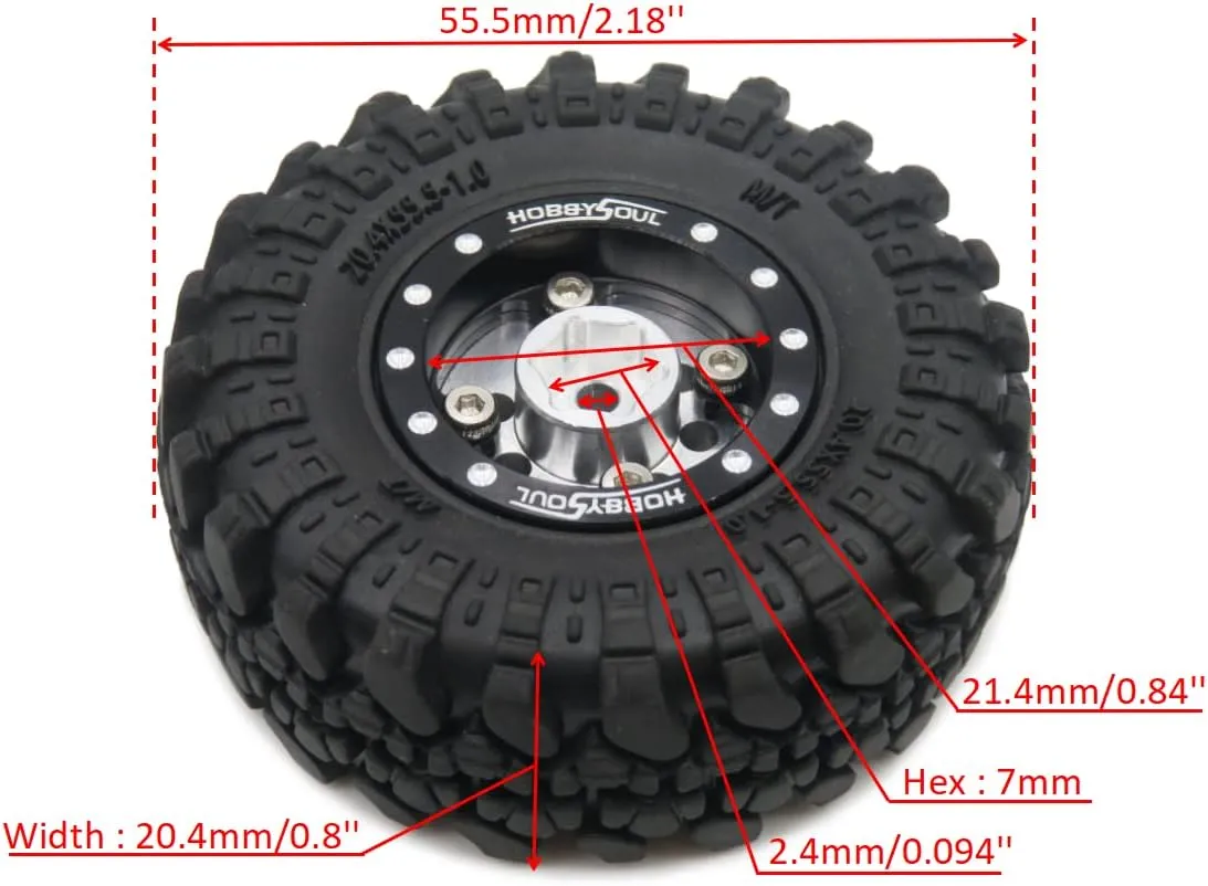 HOBBYSOUL RC 1.0 Beadlock Wheels and Tires, 1/24 Tires & Heavy Adjustable Offset 1.0 Wheels Black Silver for 1/24 RC Crawler Car Truck Axial SCX24 Upgrade, (4-Pack, Assembled)