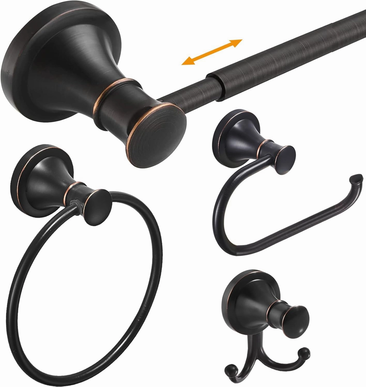 Hoimpro Oil Rubbed Bronze Bathroom Accessory Set, 4-Piece Wall Mount Hardware with Adjustable Towel Bar Rack, Towel Ring, Paper Towel Holder, Double Towel Hooks