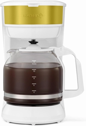 Holstein Housewares 12-Cup Drip Coffee Maker with Auto Keep Warm and Permanent Filter - Compact and User Friendly Design in White and Gold Color with Auto Pause and Serve Functions