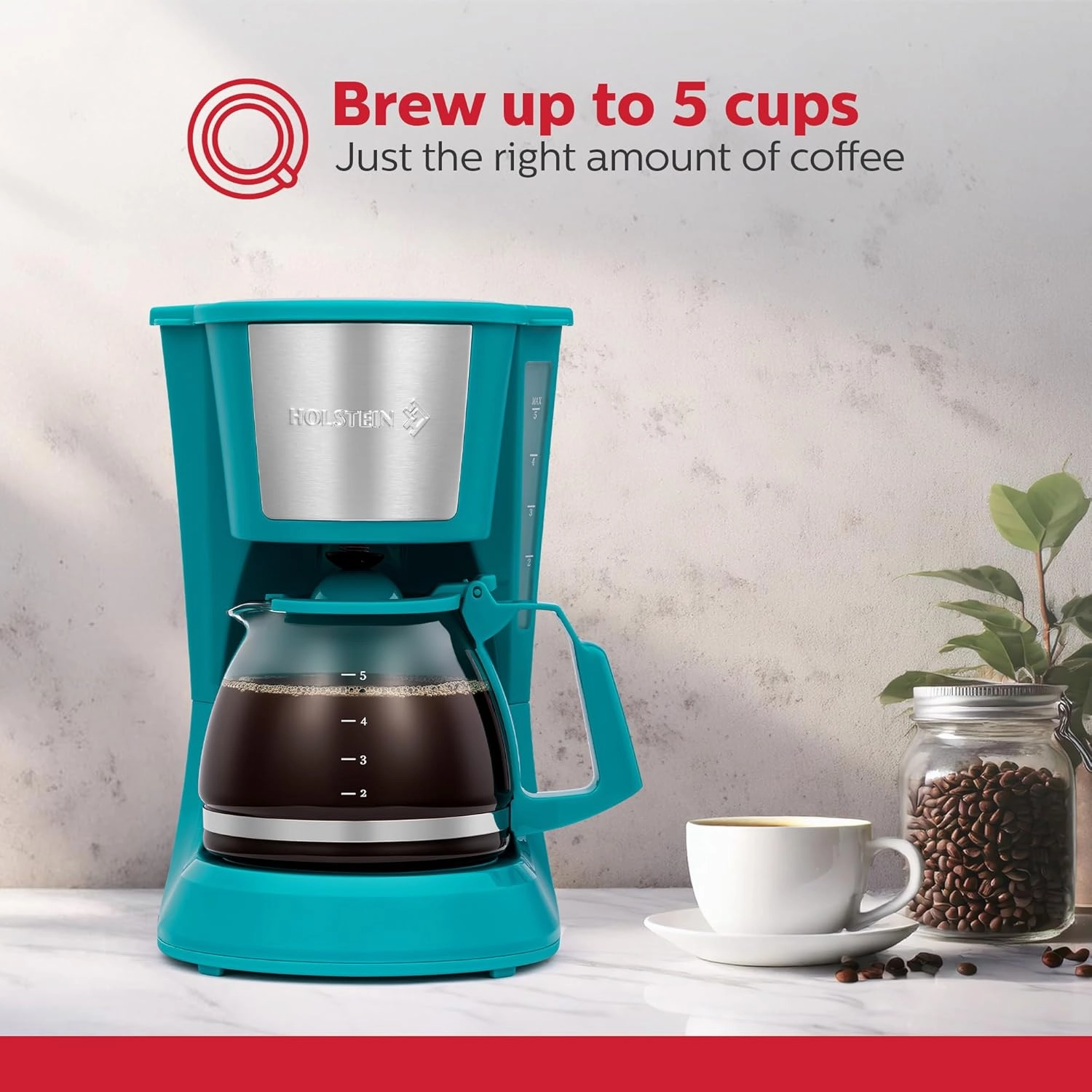 Holstein Housewares - 5 Cup Drip Coffee Maker - Convenient and User Friendly with Permanent Filter, Borosilicate Glass Carafe, Water Level Indicator, Auto Pause /Serve and Keep Warm Functions, Teal