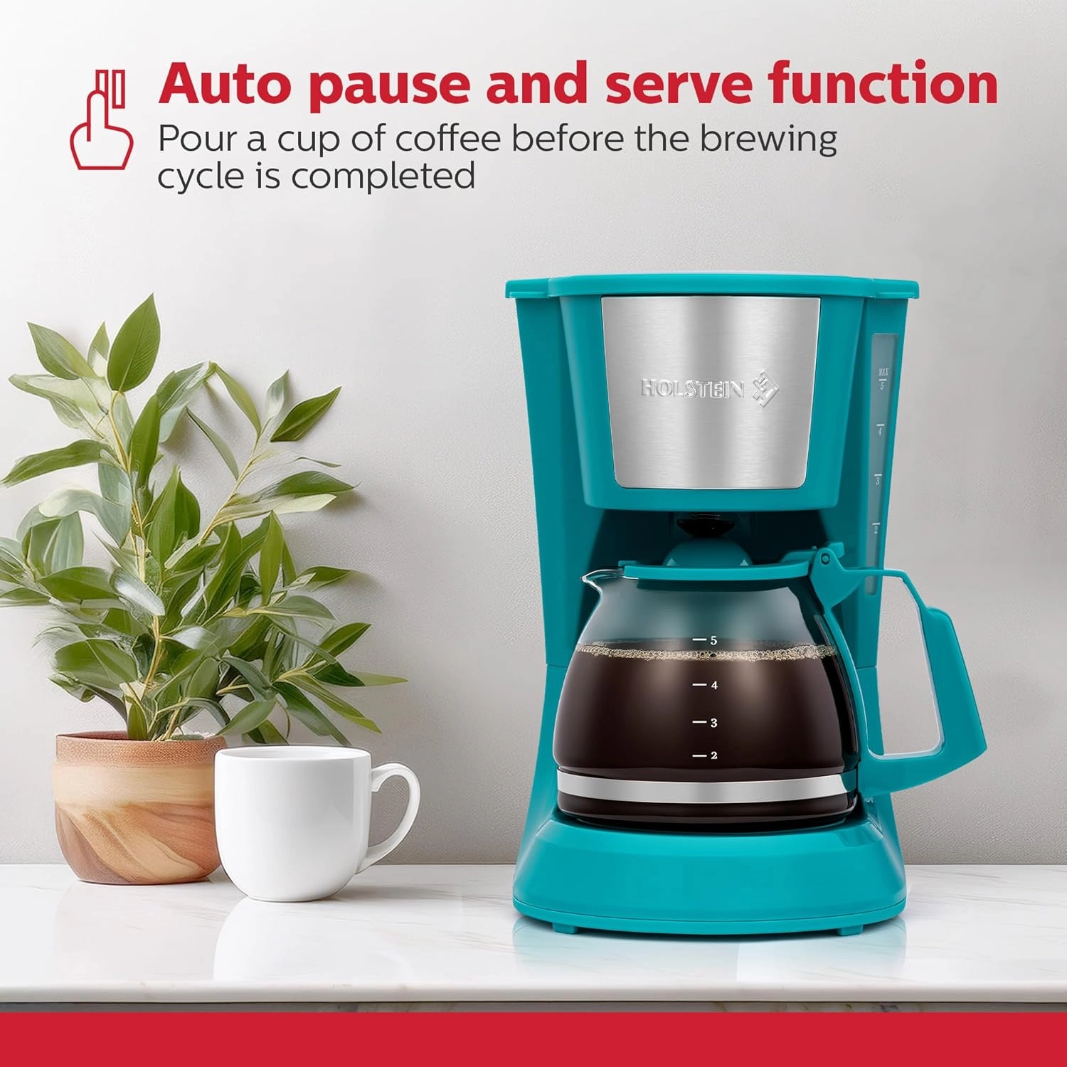 Holstein Housewares - 5 Cup Drip Coffee Maker - Convenient and User Friendly with Permanent Filter, Borosilicate Glass Carafe, Water Level Indicator, Auto Pause /Serve and Keep Warm Functions, Teal