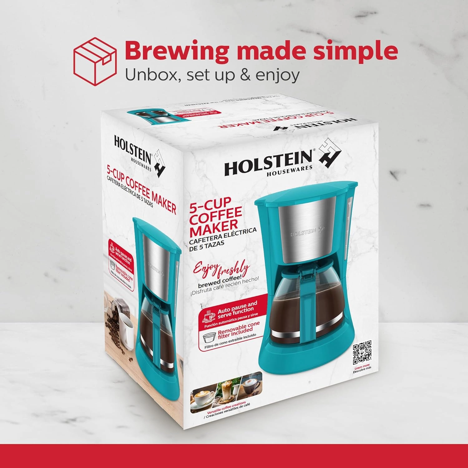Holstein Housewares - 5 Cup Drip Coffee Maker - Convenient and User Friendly with Permanent Filter, Borosilicate Glass Carafe, Water Level Indicator, Auto Pause /Serve and Keep Warm Functions, Teal