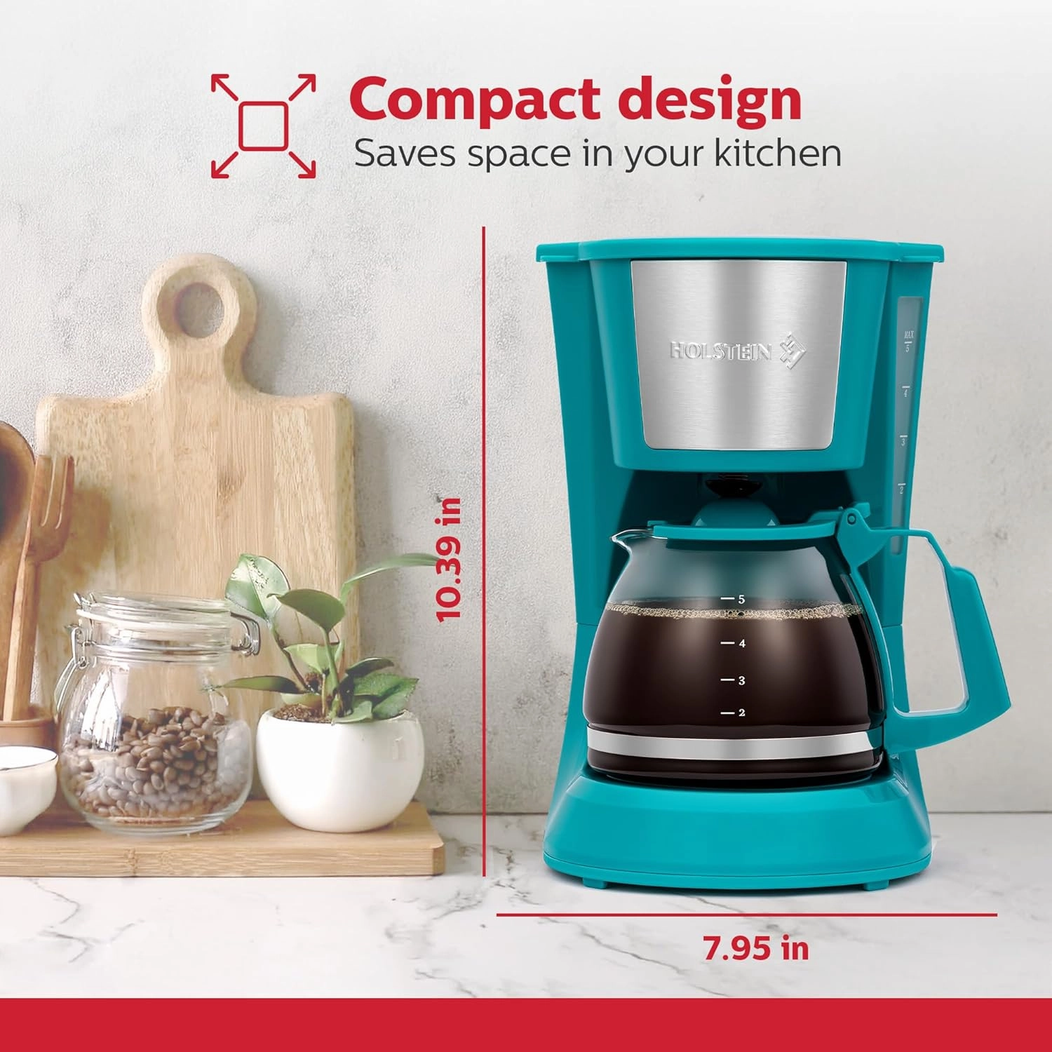 Holstein Housewares - 5 Cup Drip Coffee Maker - Convenient and User Friendly with Permanent Filter, Borosilicate Glass Carafe, Water Level Indicator, Auto Pause /Serve and Keep Warm Functions, Teal