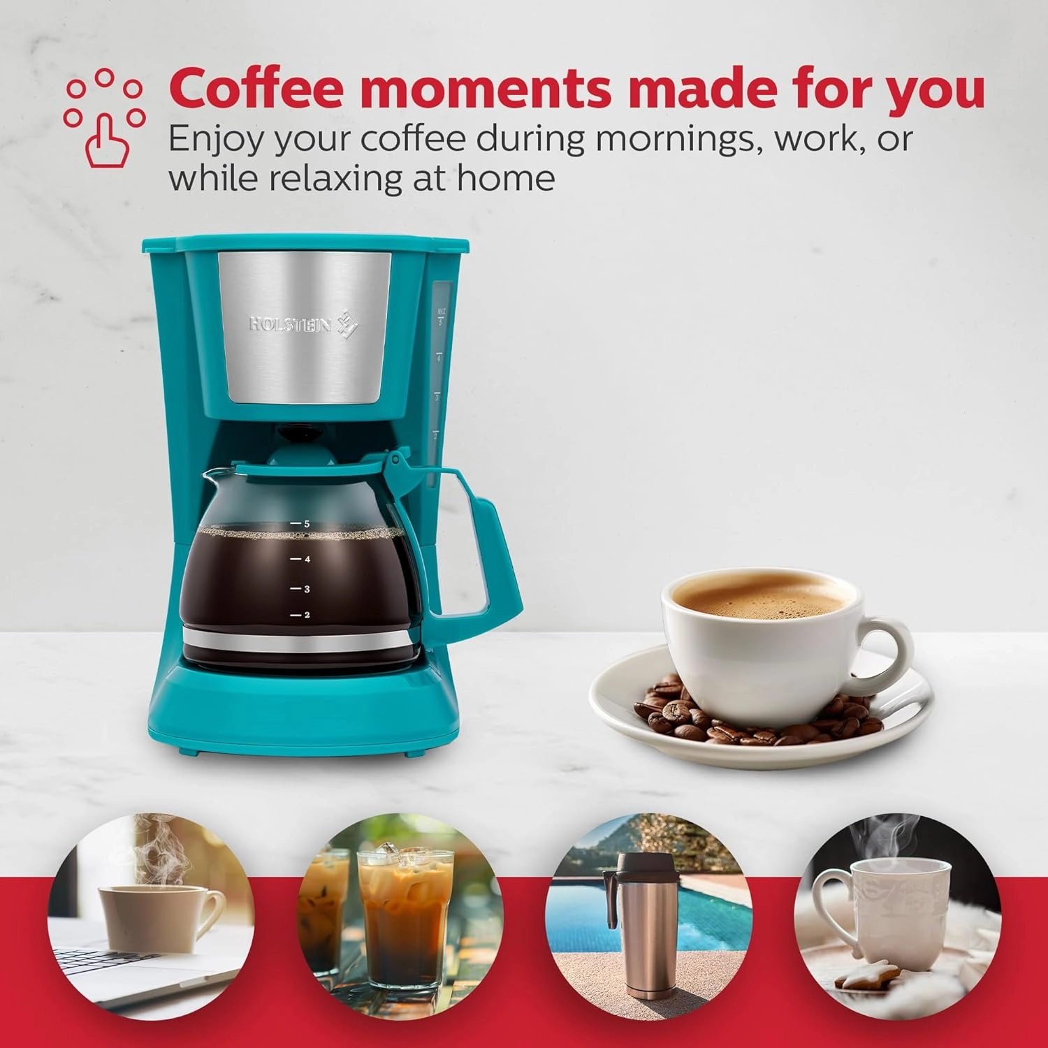 Holstein Housewares - 5 Cup Drip Coffee Maker - Convenient and User Friendly with Permanent Filter, Borosilicate Glass Carafe, Water Level Indicator, Auto Pause /Serve and Keep Warm Functions, Teal