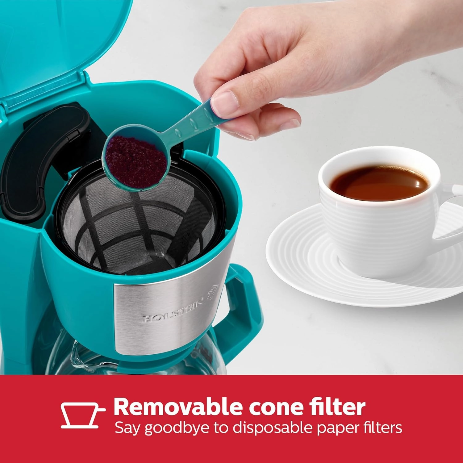 Holstein Housewares - 5 Cup Drip Coffee Maker - Convenient and User Friendly with Permanent Filter, Borosilicate Glass Carafe, Water Level Indicator, Auto Pause /Serve and Keep Warm Functions, Teal