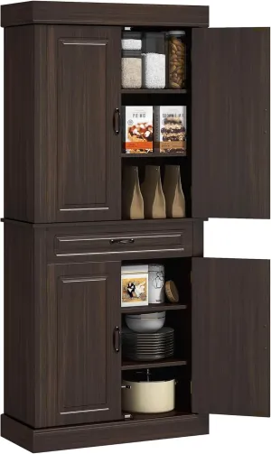 HOMCOM 71" Freestanding Kitchen Pantry Cabinet, Tall Storage Cabinet with 4 Doors and Drawer for Dining Room, Coffee