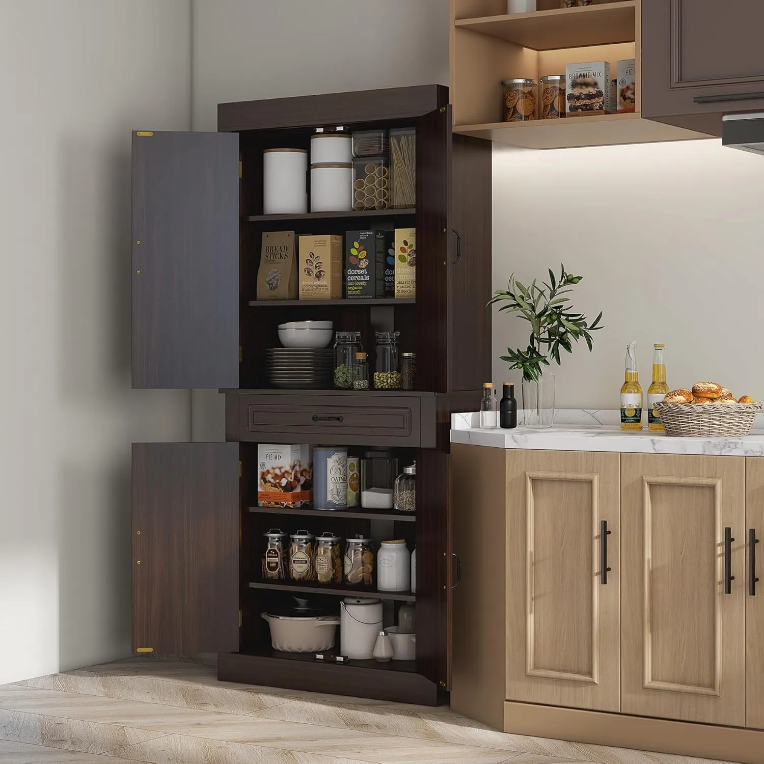 HOMCOM 71" Freestanding Kitchen Pantry Cabinet, Tall Storage Cabinet with 4 Doors and Drawer for Dining Room, Coffee