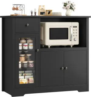 HORSTORS Microwave Cabinet, Kitchen Storage Cabinet with 3 Doors and 1 Drawer, Buffet Sideboard with Adjustable Shelves, Microwave Stand for Kitchen, Dining Room, Black