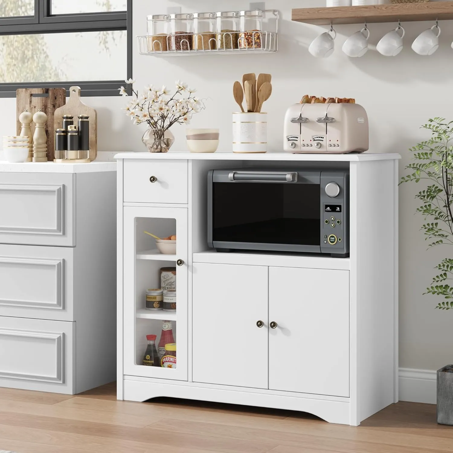 HORSTORS Microwave Cabinet, Kitchen Storage Cabinet with 3 Doors and 1 Drawer, Buffet Sideboard with Adjustable Shelves, Microwave Stand for Kitchen, Dining Room, White