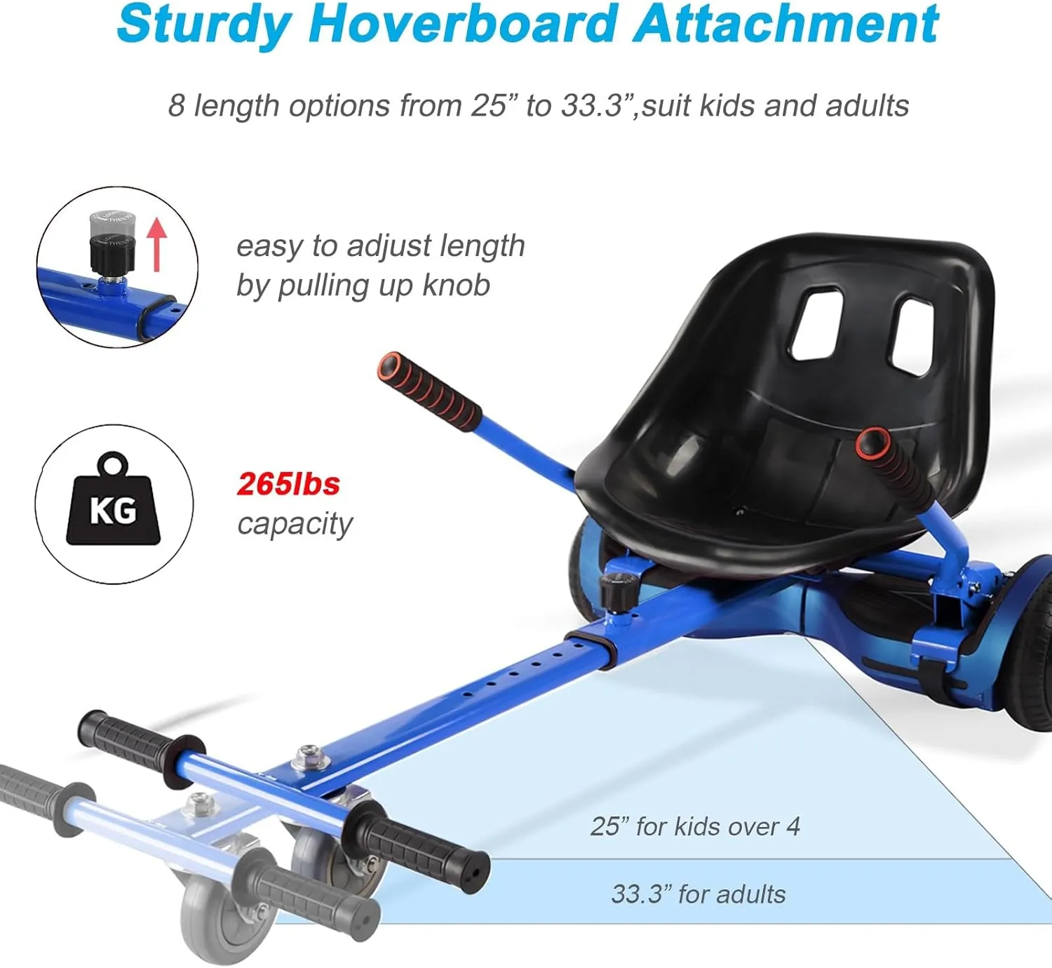 Hoverboard Seat Attachment 265lbs Capacity, 26"-34.5" Adjustable Length Hover Board Go Kart Accessory w/Comfortable&Sturdy Seat,Go Cart Compatible with 6.5” 8” 10” Hoverboard,Kids Adults