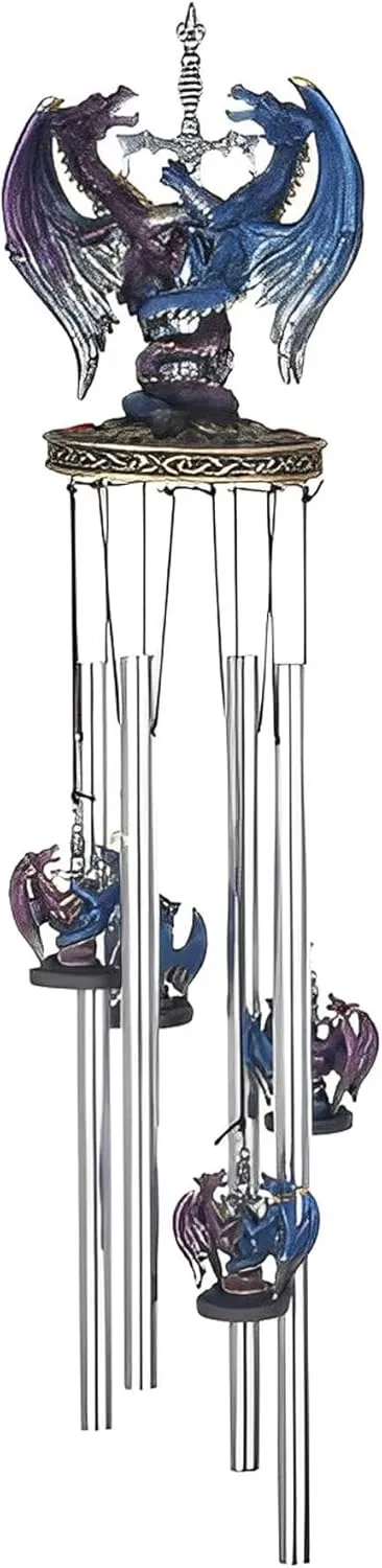 ICE ARMOR 23" Long Round Top Dragon Purple and Blue with Sword Wind Chime Statue Sculpture Ornament Decoration Garden Decor Ideas for Housewarming, Holidays and Birthdays
