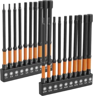 Impact 4" Long Hex Head Drill Bit Set, 20PCS Allen Wrench Hex-Shank Set, Metric&SAE, 1/4" HexBit Magnetic S2 Steel Screwdriver-Bits with Storage Box
