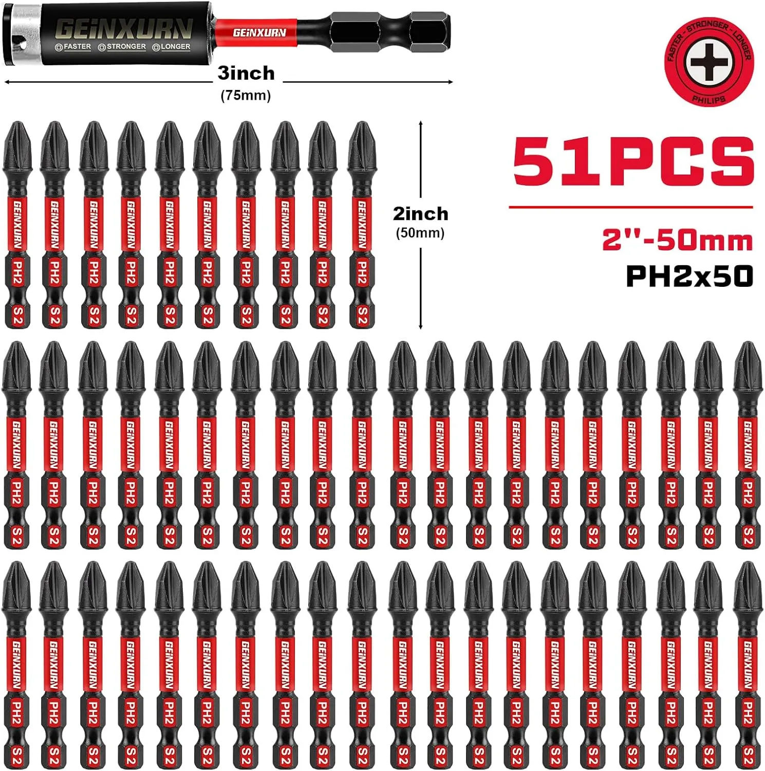 Impact Tough #2 Phillips 2 in. Insert Driver Bits,50Pack PH2 Screwdriver Bits Set with 1Pcs Impact Bit Holder,Bulk