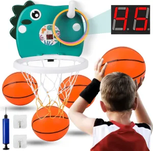 Indoor Basketball Hoop, Mini Dinosaur Basketball Hoop with Electronic Scoreboard, Portable Basketball Hoop with Ring Toss Game, Adjustable Height Parent-Child Basketball Toy for Boys Girls Teens