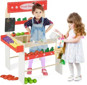 INFANS Grocery Store Marketplace Toy, Wooden Market Stand Pretend Play Set with Chalkboard Cash Register 36 Fruit Veggies Pieces POS Machine Shop Playset Gift for Boys Girls Ages 3 