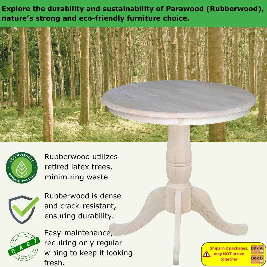International Concepts 30" Round Top Pedestal Dining Table Solid Real Wood, Sturdy Parawood, Dimensions 30" D x 30" W x 28.8" H, Paint/Stain Ready, Unfinished