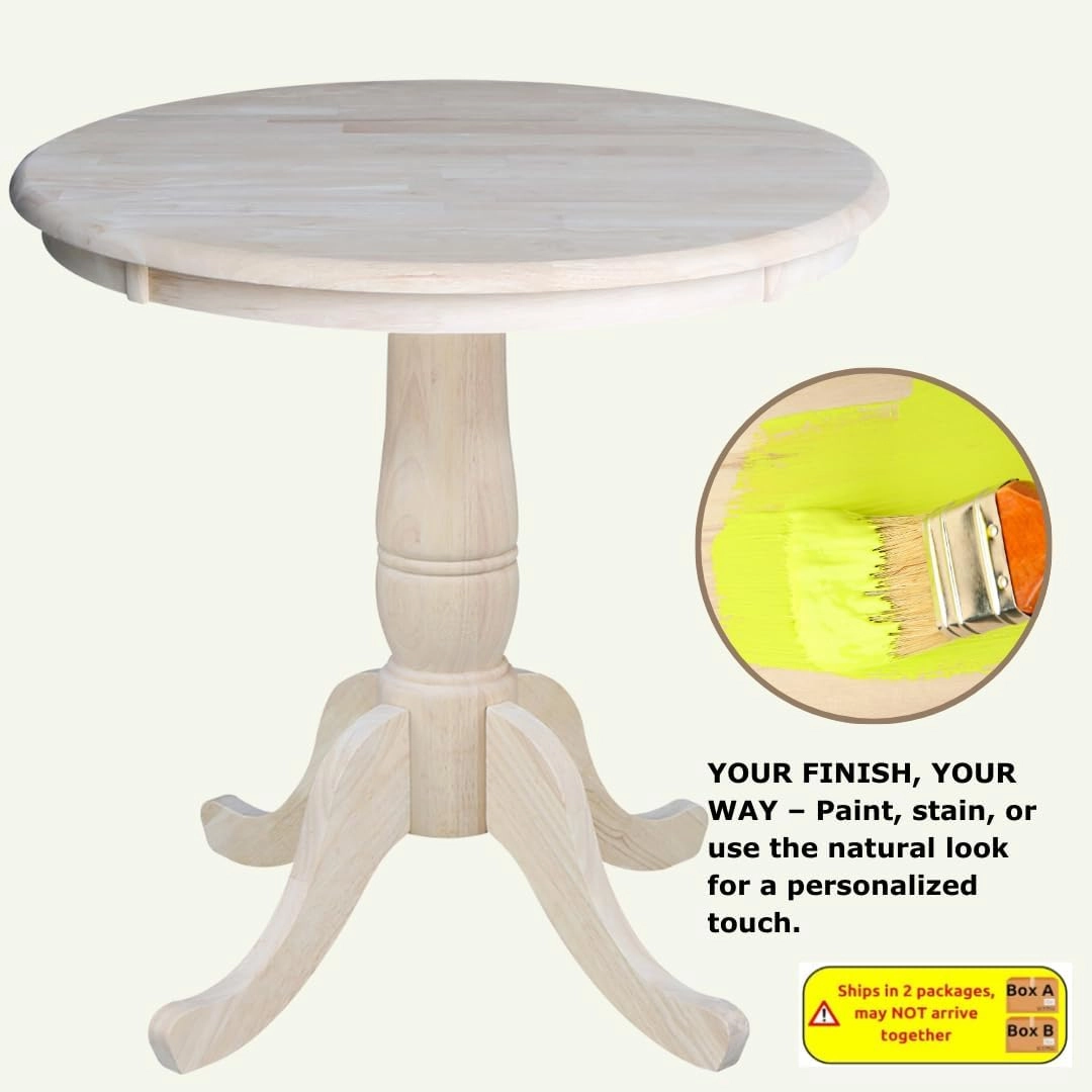 International Concepts 30" Round Top Pedestal Dining Table Solid Real Wood, Sturdy Parawood, Dimensions 30" D x 30" W x 28.8" H, Paint/Stain Ready, Unfinished