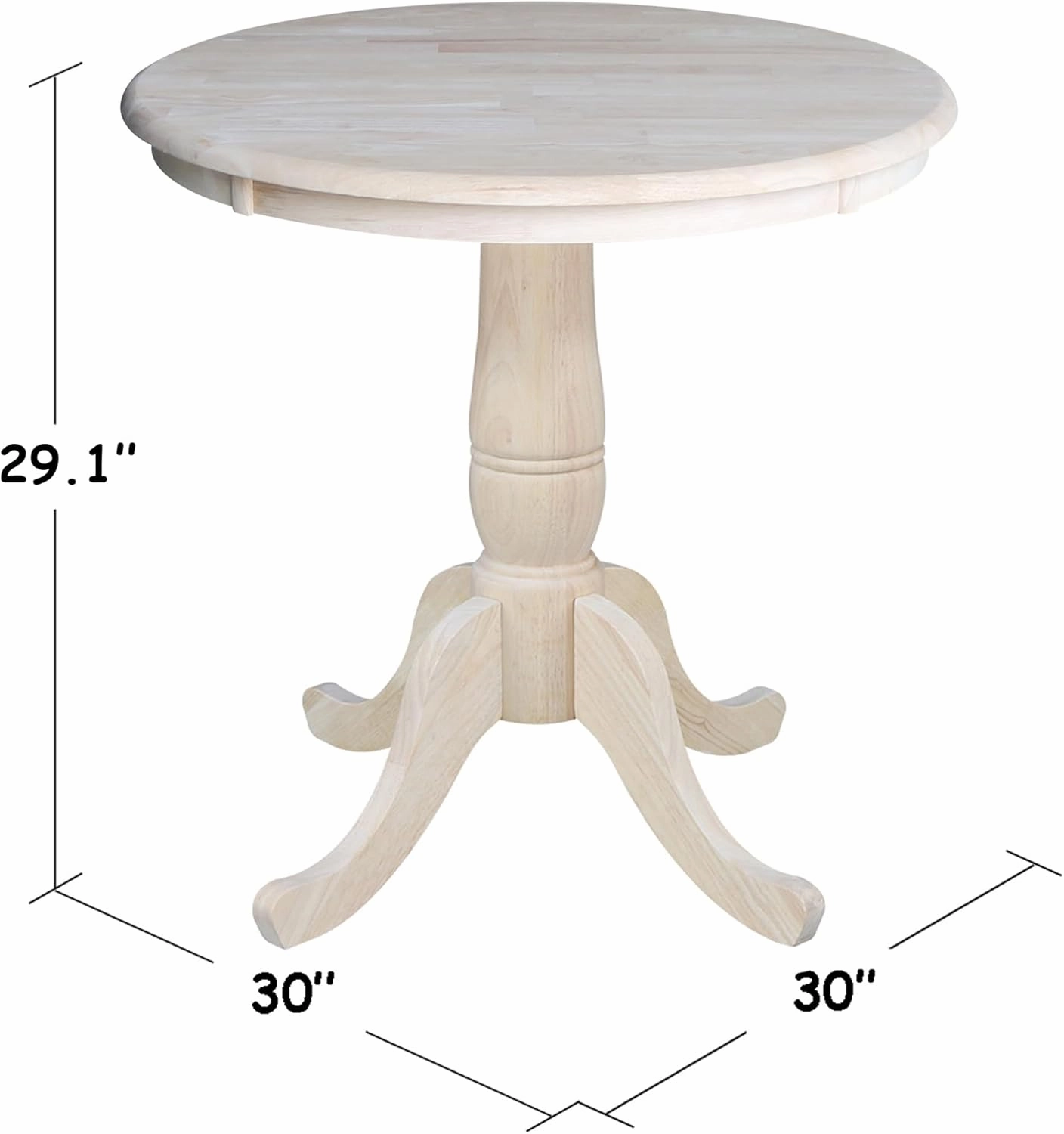 International Concepts 30" Round Top Pedestal Dining Table Solid Real Wood, Sturdy Parawood, Dimensions 30" D x 30" W x 28.8" H, Paint/Stain Ready, Unfinished