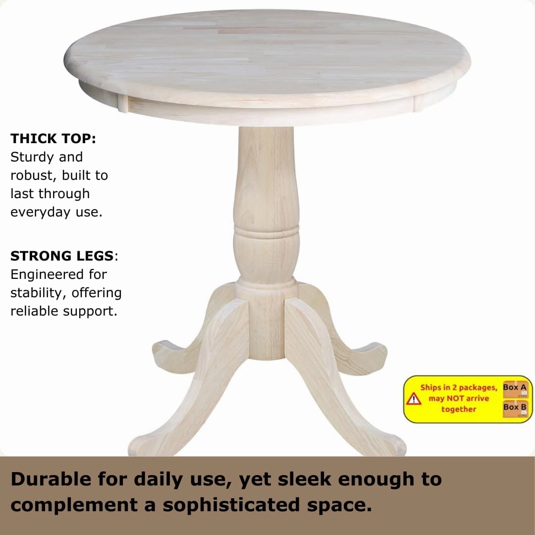 International Concepts 30" Round Top Pedestal Dining Table Solid Real Wood, Sturdy Parawood, Dimensions 30" D x 30" W x 28.8" H, Paint/Stain Ready, Unfinished