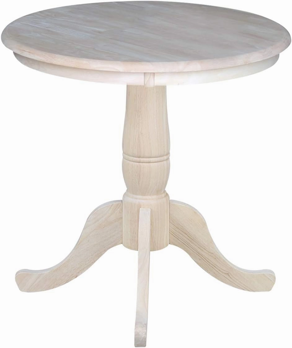International Concepts 30" Round Top Pedestal Dining Table Solid Real Wood, Sturdy Parawood, Dimensions 30" D x 30" W x 28.8" H, Paint/Stain Ready, Unfinished