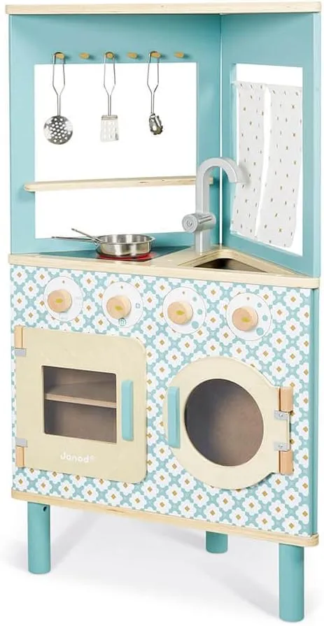Janod - Trio Wooden Kitchen - Compact 3-Sided Kitchen - Pretend Play Kitchen & Tea Set Toy - Retro Style - 5 Metal Utensils Included - Water-Based Paints - 3 Years   J06546