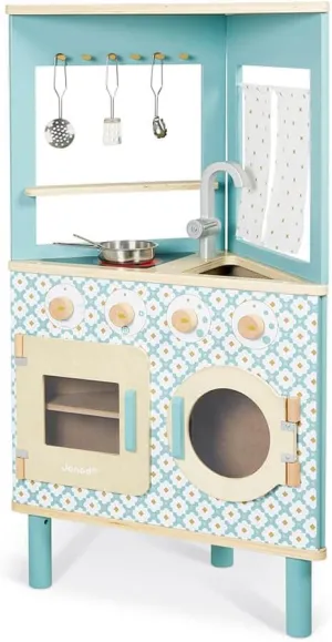 Janod - Trio Wooden Kitchen - Compact 3-Sided Kitchen - Pretend Play Kitchen & Tea Set Toy - Retro Style - 5 Metal Utensils Included - Water-Based Paints - 3 Years   J06546