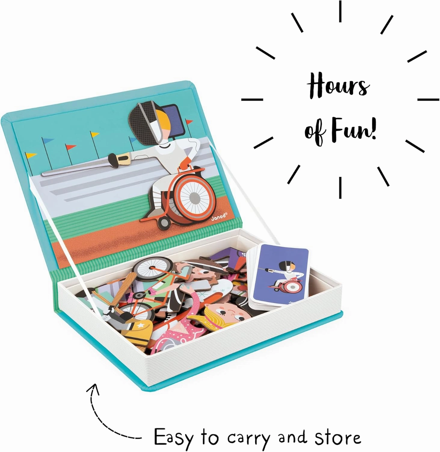 Janod Magnéti'Book Sports Educational Game-48 Magnets   16 Model Cards-Children’s FSC Cardboard Toy-3 Years  , J02596, Multicolor