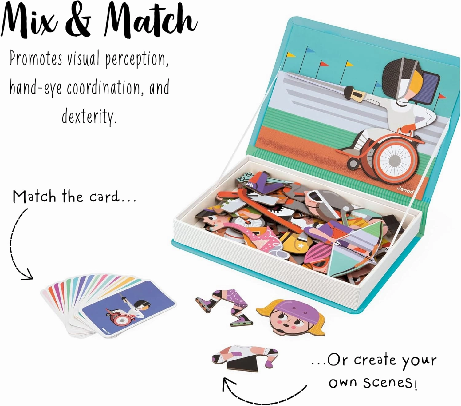 Janod Magnéti'Book Sports Educational Game-48 Magnets   16 Model Cards-Children’s FSC Cardboard Toy-3 Years  , J02596, Multicolor