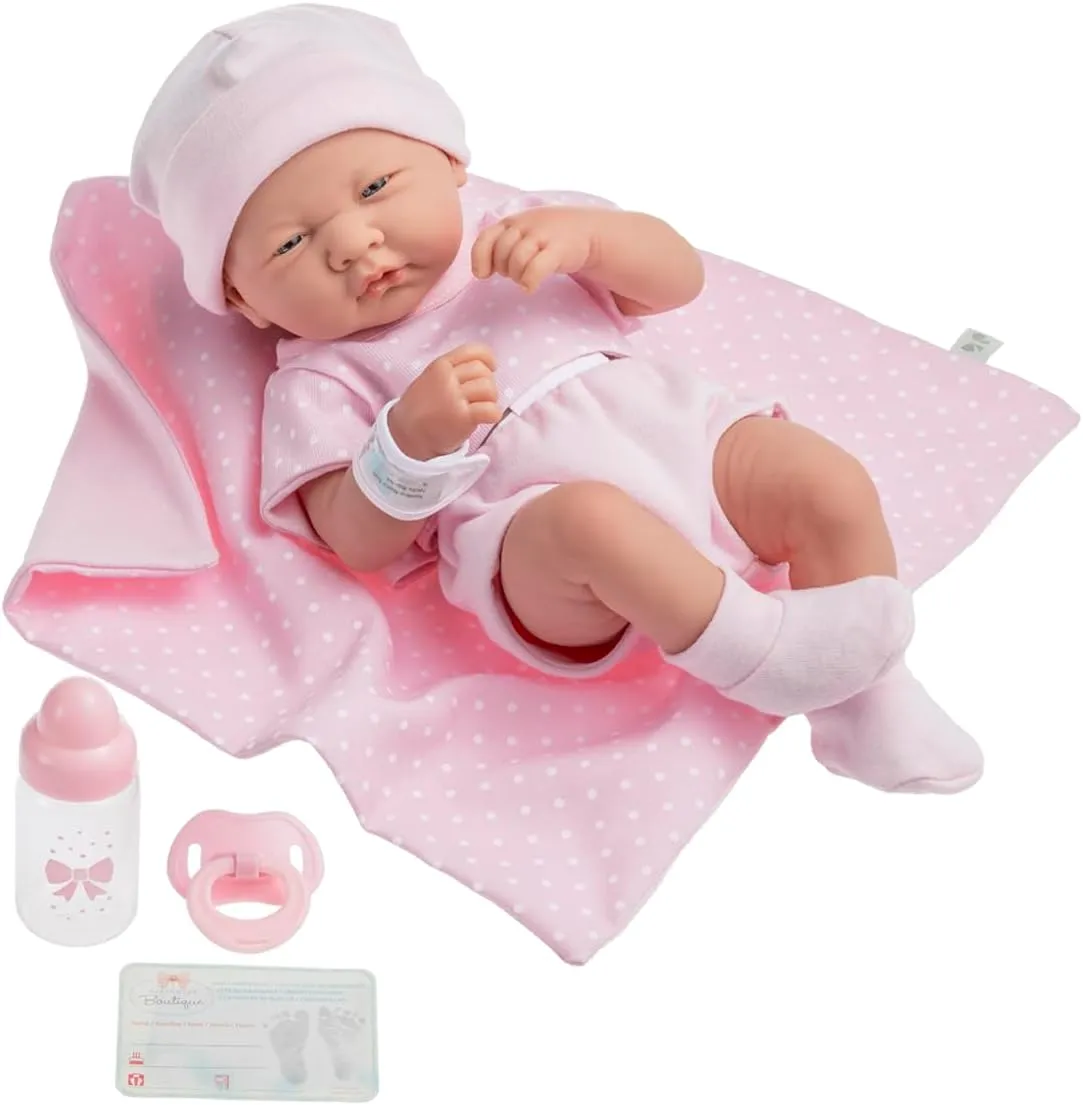 JC Toys 18541 La Newborn Boutique 14 Inch Doll, 9 Piece Set, Real Girl in Pink