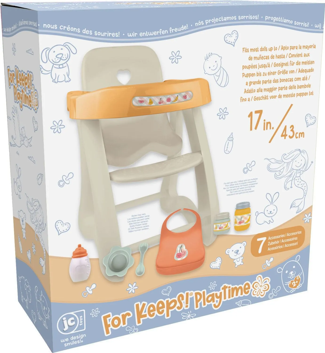 JC Toys - for Keeps Playtime! | Baby Doll High Chair | Fits Dolls up to 17" | Sturdy High Chair and Play Accessories | Ages 2| Earth Tone Colors