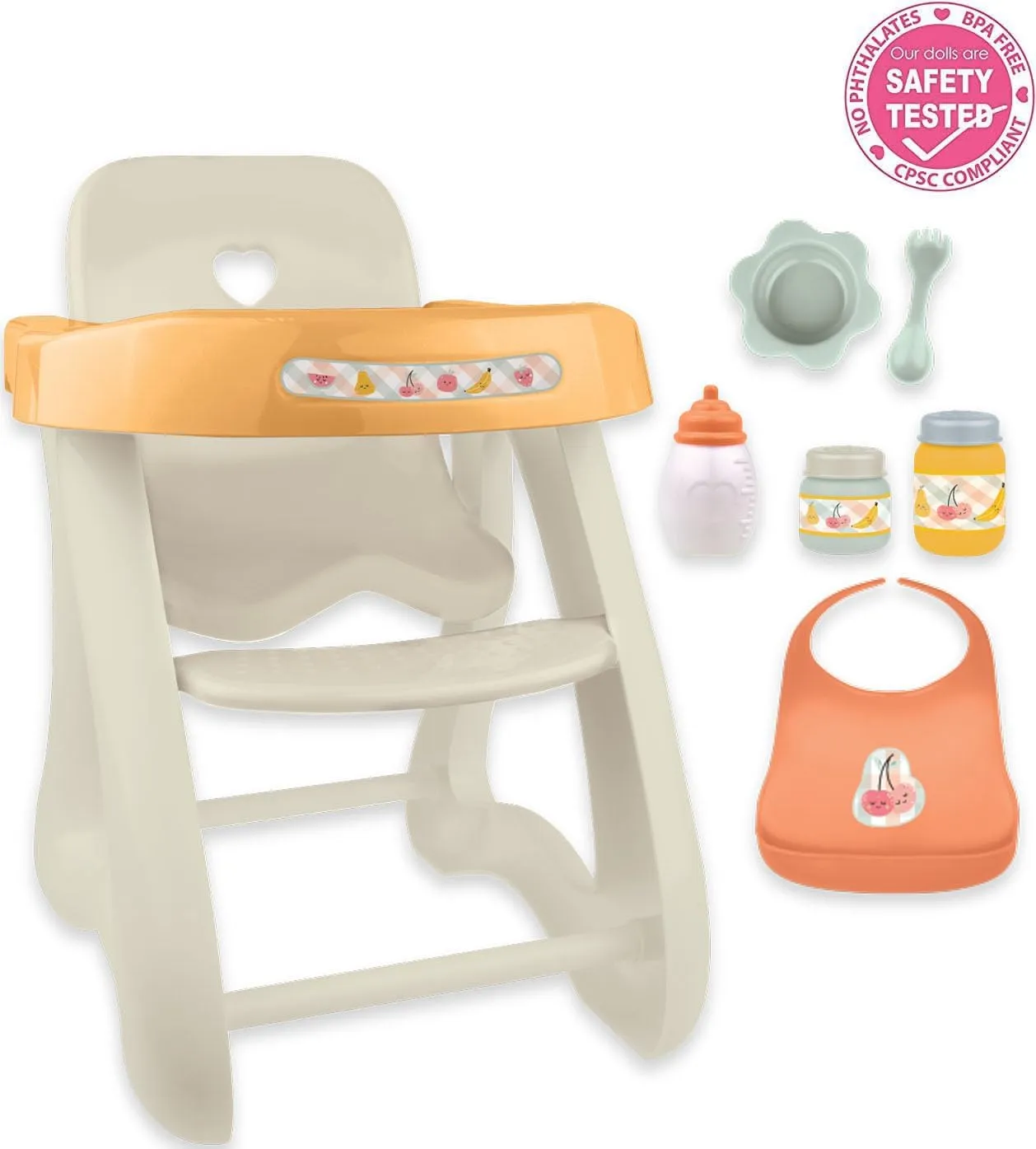 JC Toys - for Keeps Playtime! | Baby Doll High Chair | Fits Dolls up to 17" | Sturdy High Chair and Play Accessories | Ages 2| Earth Tone Colors